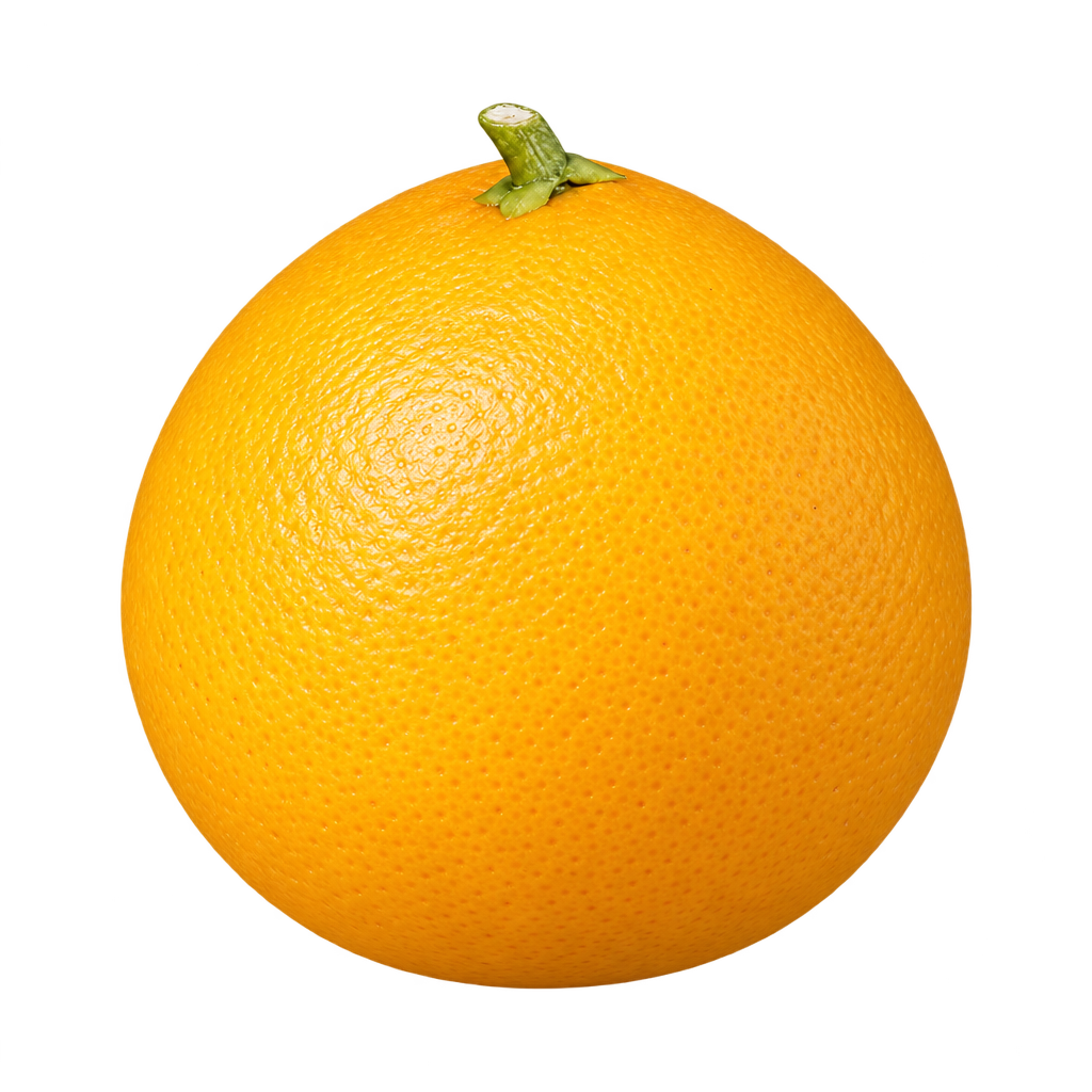 Generated depiction of a mostly round whole US-119 fruit with a very slight taper toward the top, viewed from a low side angle, with finely textured golden yellow-orange rind and a short green stem stub