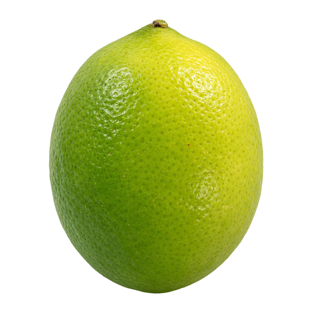 Generated depiction of an oval Persian lime with rounded ends and finely textured green-yellow rind, viewed from the side