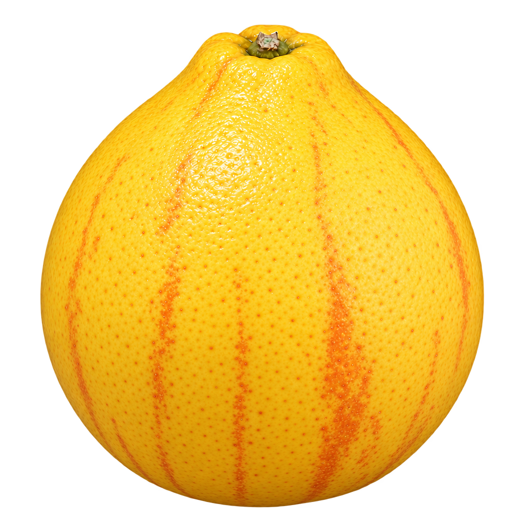 Generated depiction of Variegated Minneola Tangelo with a slightly taller rounded body, modest stem-end neck and orange streaks on yellow-gold rind.