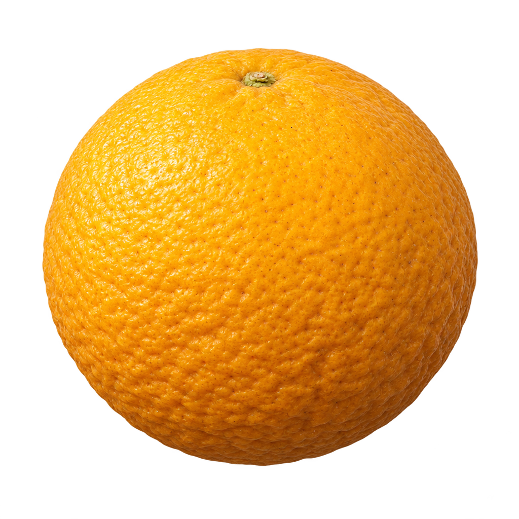 Generated depiction of a round whole C-32 Citrange from a low side view, with golden-yellow orange rind and natural fine pebbling