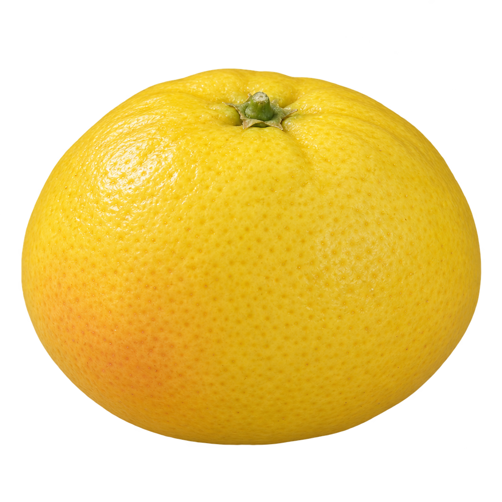 Generated depiction of a broad mandarin-shaped Wekiwa Tangelo with golden-yellow rind, a gentle pink blush and a shallow top depression.