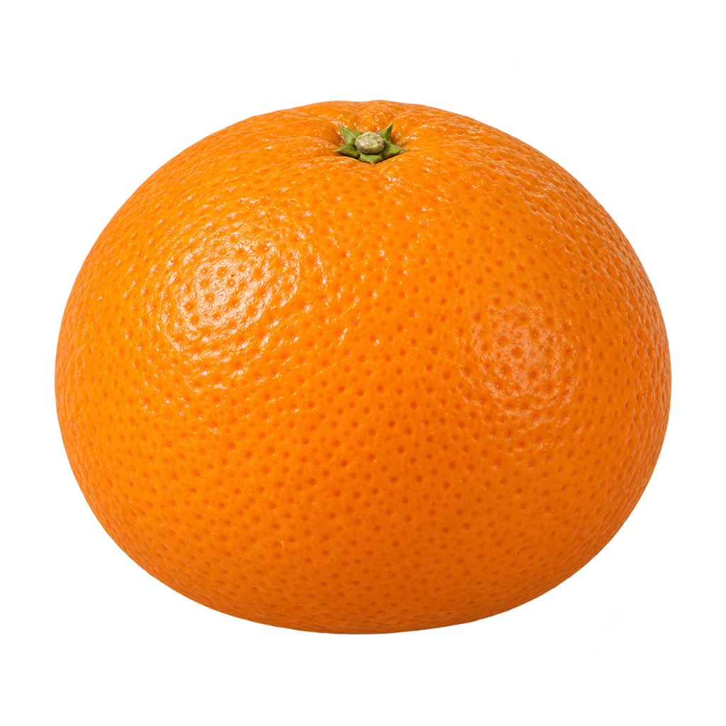 Generated depiction of a rounded Nova Mandarin, slightly wider than tall, with finely dimpled orange rind