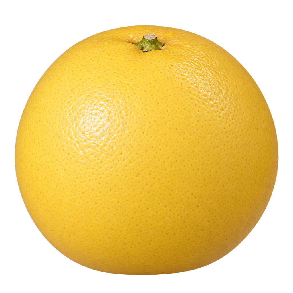 AI-generated near-spherical Duncan Grapefruit with a mild width excess, yellow finely pored rind and an upper calyx