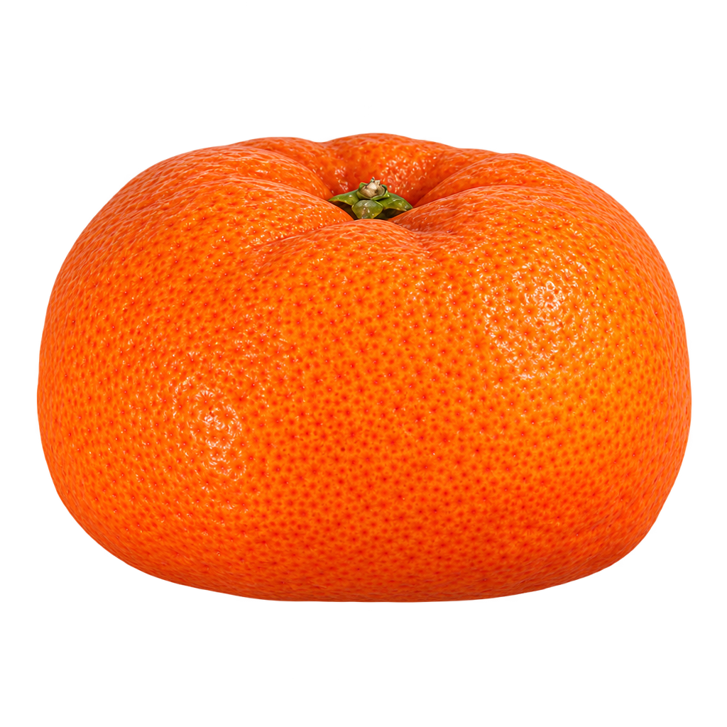 Generated depiction of Cleopatra Mandarin with a squat softly squared body, lobed shoulders around a deep stem depression, a flattened base and loose orange-red pebbled rind