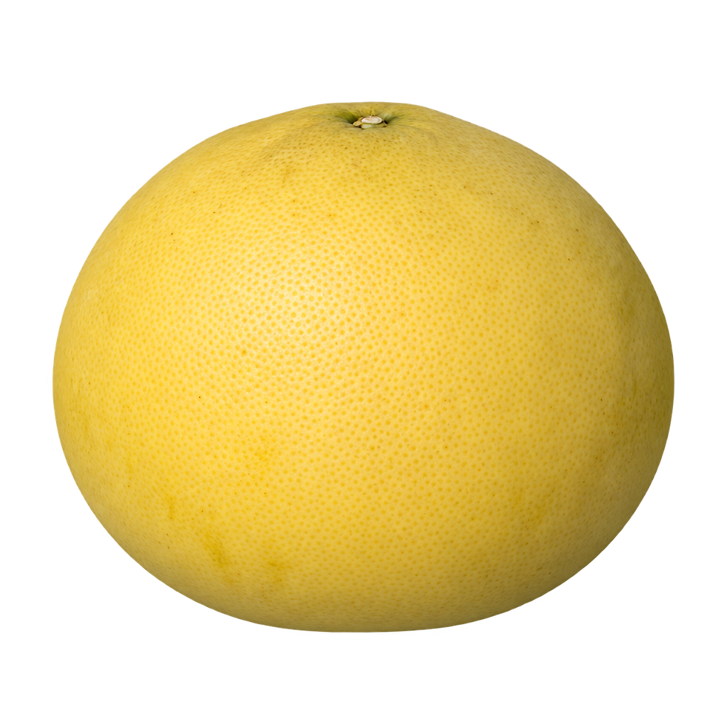 Generated depiction of a rounded Siamese Acidless Pummelo, wider than tall with yellow rind