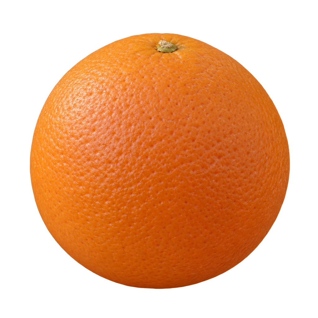 Generated depiction of a round Washington Navel Orange with finely pebbled orange rind and a small top stem depression.