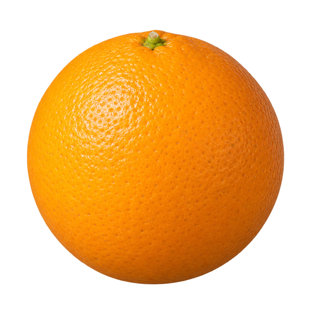 Generated depiction of a round whole Carrizo Citrange from a low side view, with smooth finely pored orange rind and a small upper calyx