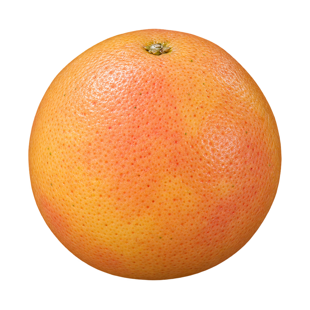 Generated depiction of a nearly round Hudson Foster Grapefruit with finely pored yellow-orange rind and coral blush