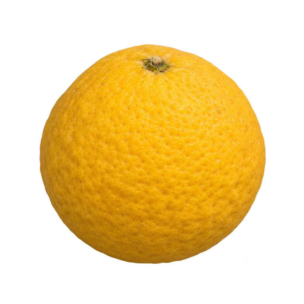 Generated depiction of a round Webber-Fawcett 22 Trifoliate fruit with matte golden-yellow rind and a small top calyx.