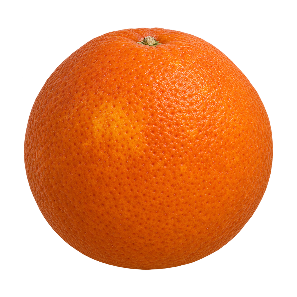 Generated depiction of a round Ruby Blood Orange with finely textured deep orange rind