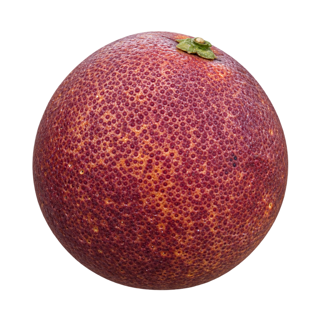 AI-generated round Doppio Sanguigno orange with finely pored burgundy rind and an upper green calyx