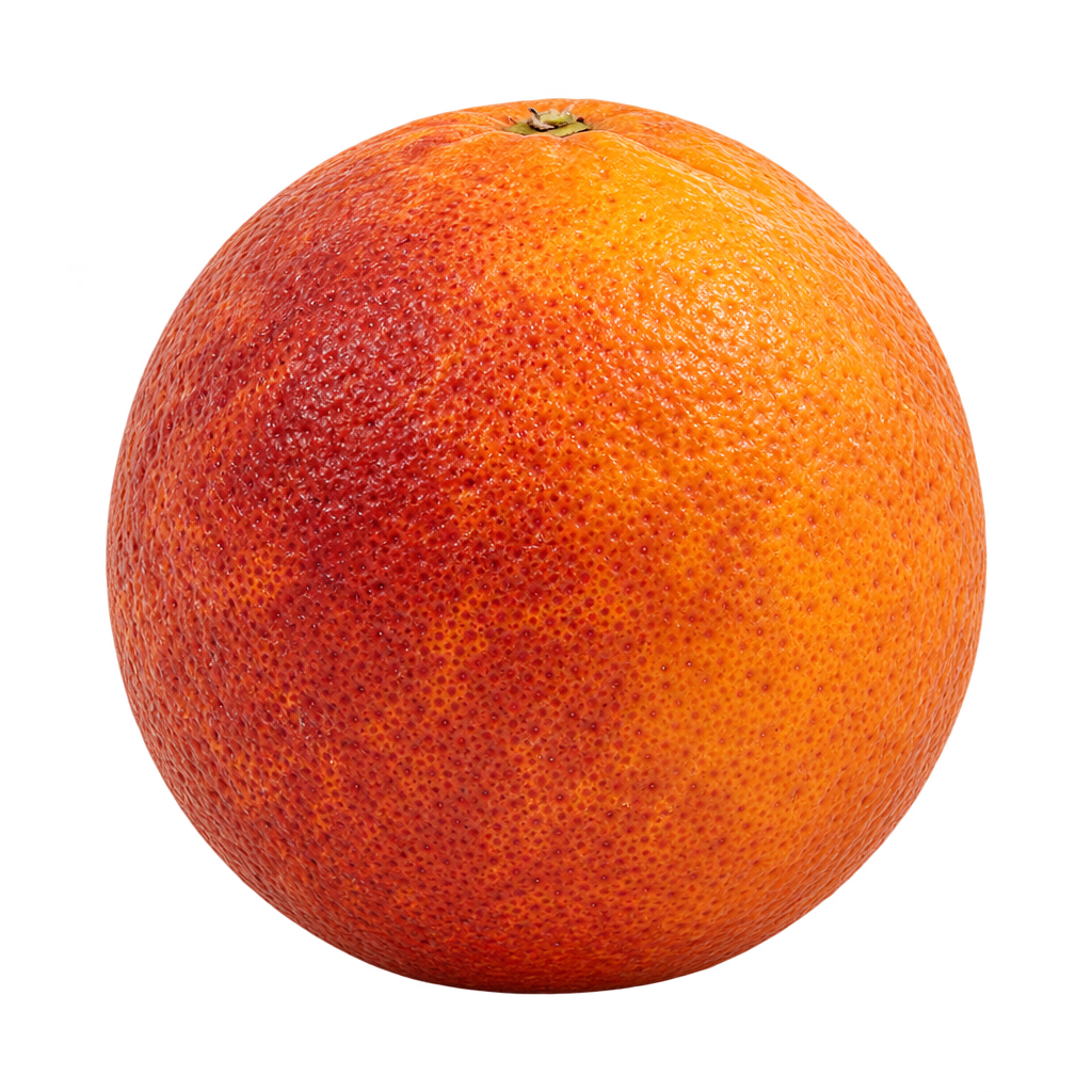 Generated Moro blood orange depiction, mainly round and slightly taller than wide, with orange rind and irregular burgundy blush