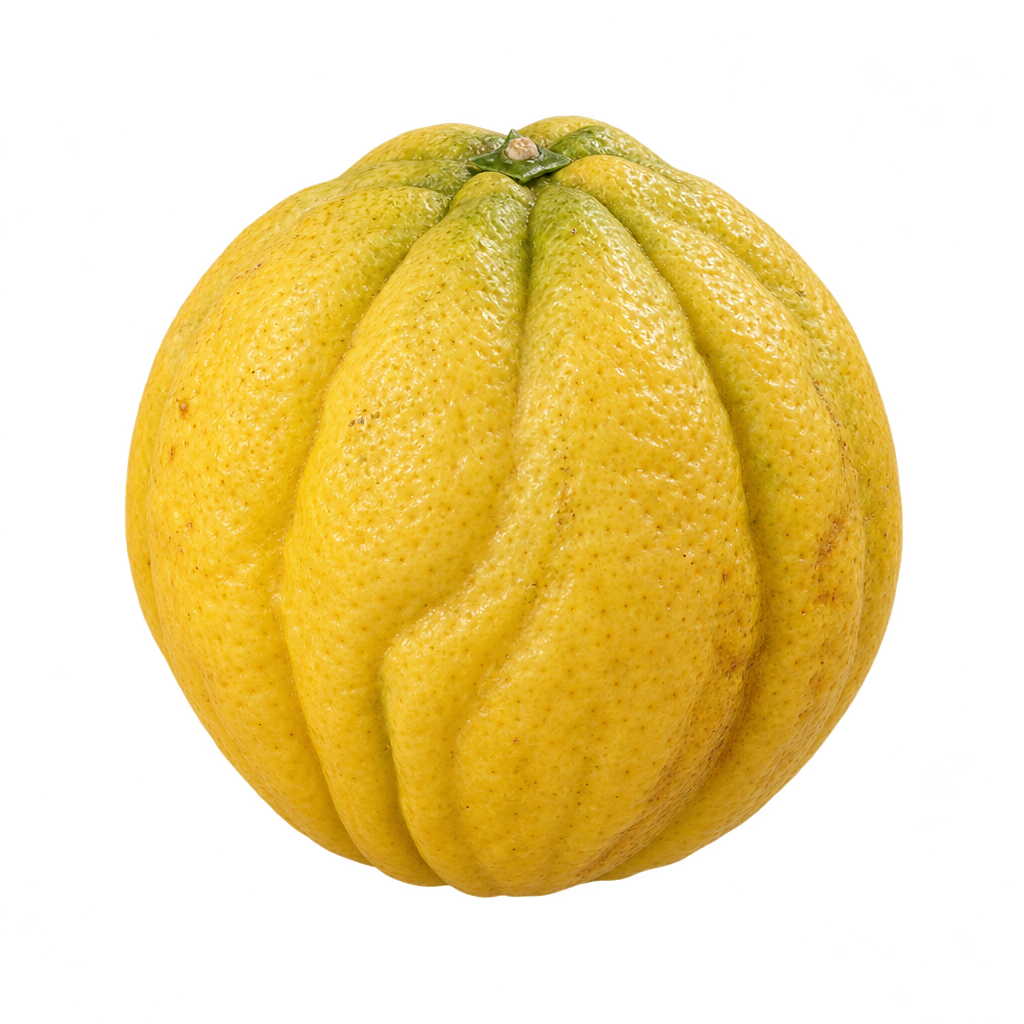 Generated depiction of a Willits Citrange with yellow citrus rind and deeply grooved, uneven longitudinal lobes.