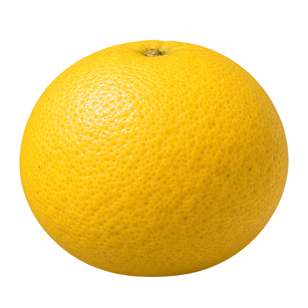 Generated depiction of a yellow Sacaton Citrumelo, slightly wider than tall, with finely pebbled rind