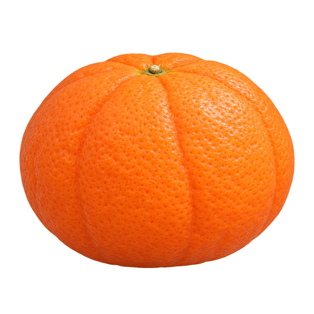 Generated depiction of an X-639 Citrandarin with a flattened mandarin shape and natural segment-like lobes in its orange rind.