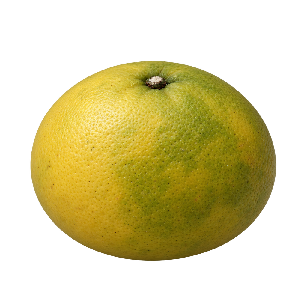 Generated side-view approximation of a broad, flattened Monticello Citrumelo with mottled yellow-green rind and a recessed stem end