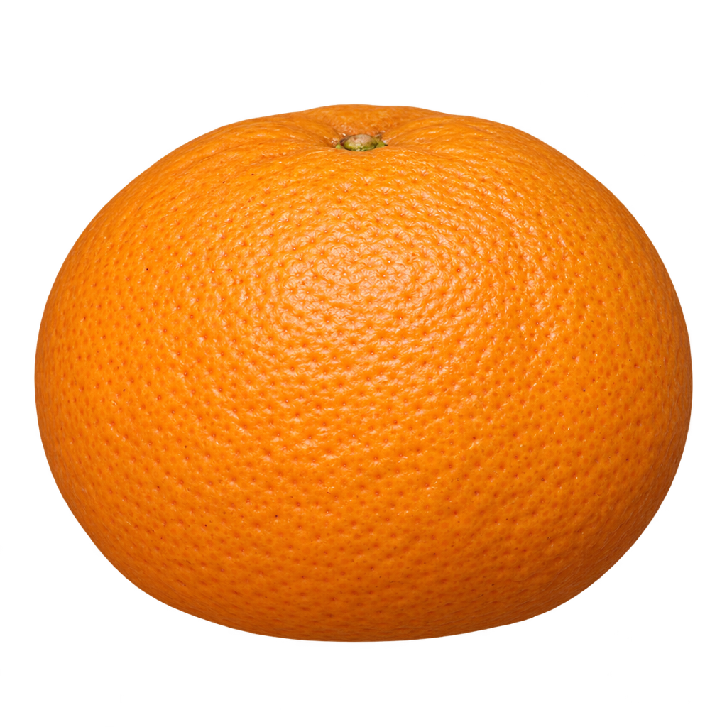 Generated depiction of a broad mandarin-shaped Murcott Mandarin with orange textured rind and a shallow stem depression