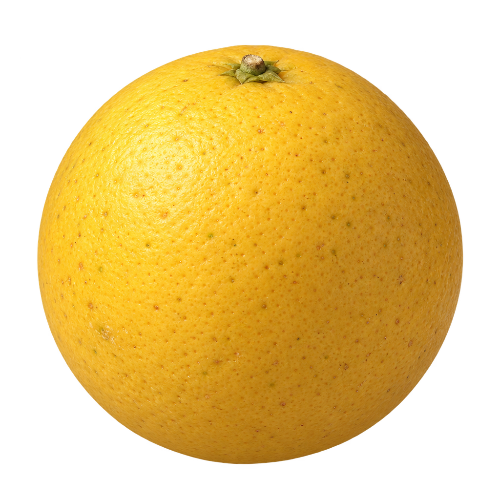 Generated depiction of a round Kona Sweet Orange with finely pitted golden-yellow rind and a small top calyx