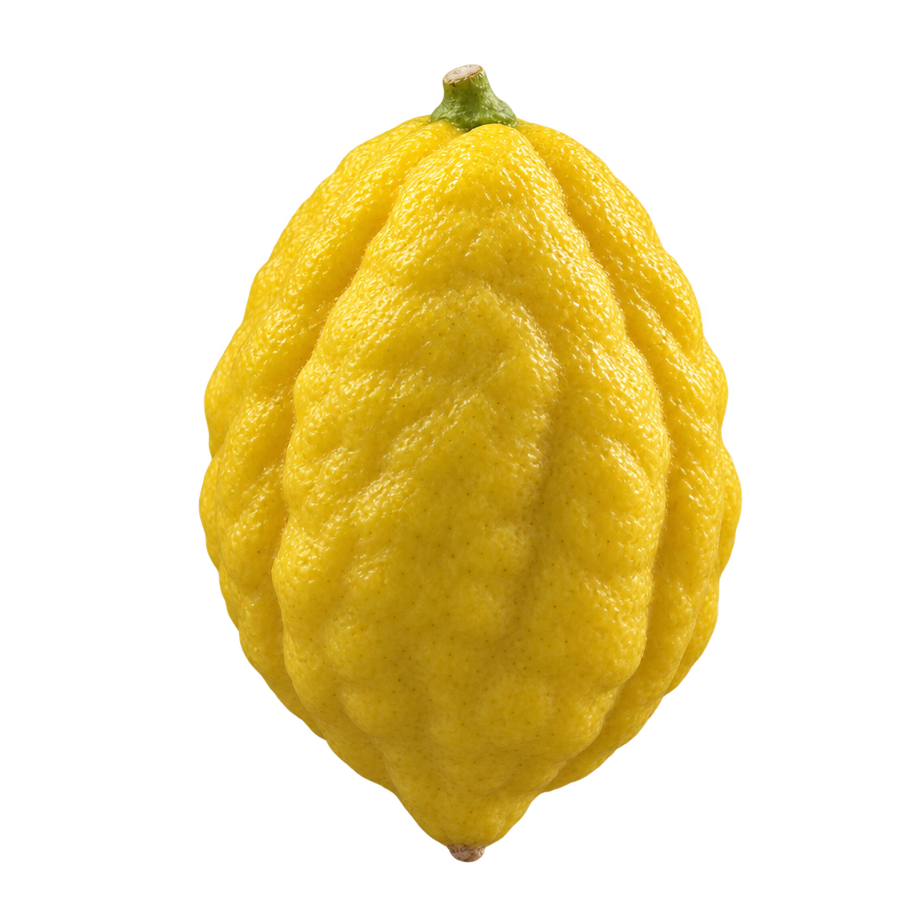 AI-generated irregular yellow Etrog Citron with broad shoulders, bumpy lengthwise ridges and a tapered lower blossom pole
