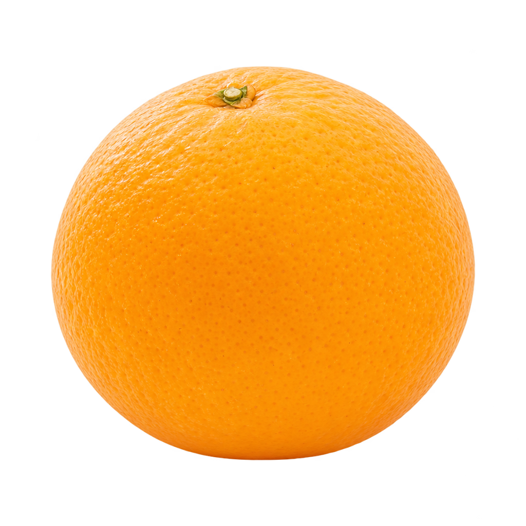 Generated depiction of a nearly round Kiyomi tangor, slightly wider than tall, with golden-orange rind and a shallow stem depression