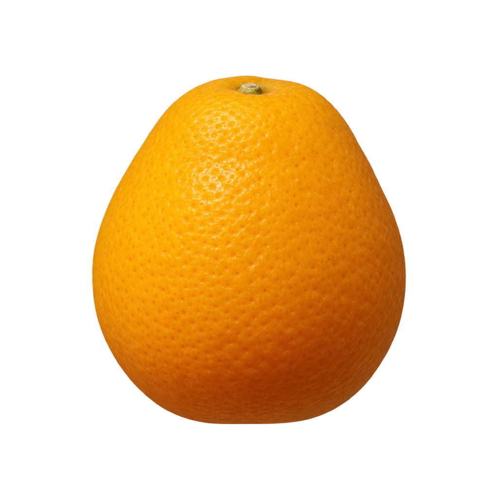 Generated depiction of a gently pear-shaped Yuzuquat with flatter top and bottom and golden-orange rind