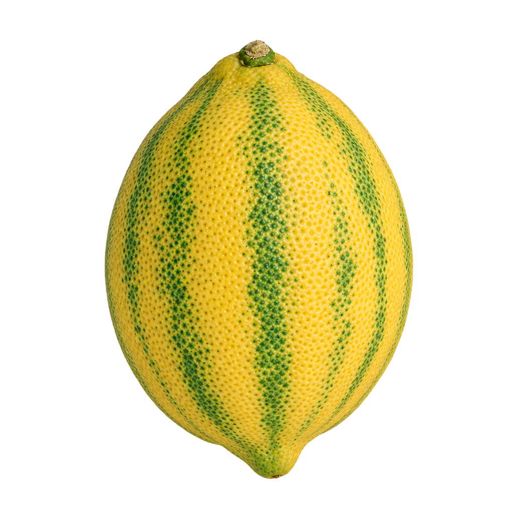 Generated depiction of Variegated Pink Eureka Lemon with an elongated lemon shape, small blossom tip and green stripes on yellow rind.