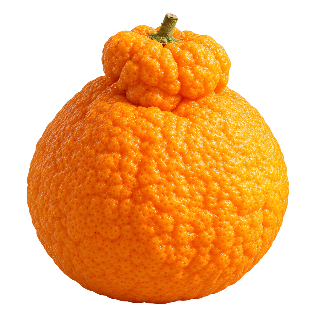 Generated depiction of a Shiranui Mandarin with a large knobby neck and rough orange rind