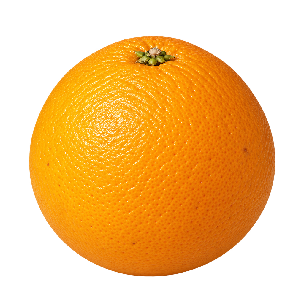 Generated depiction of a rounded Valencia Orange with broad shoulders, golden-orange finely pored rind and a centered upper calyx