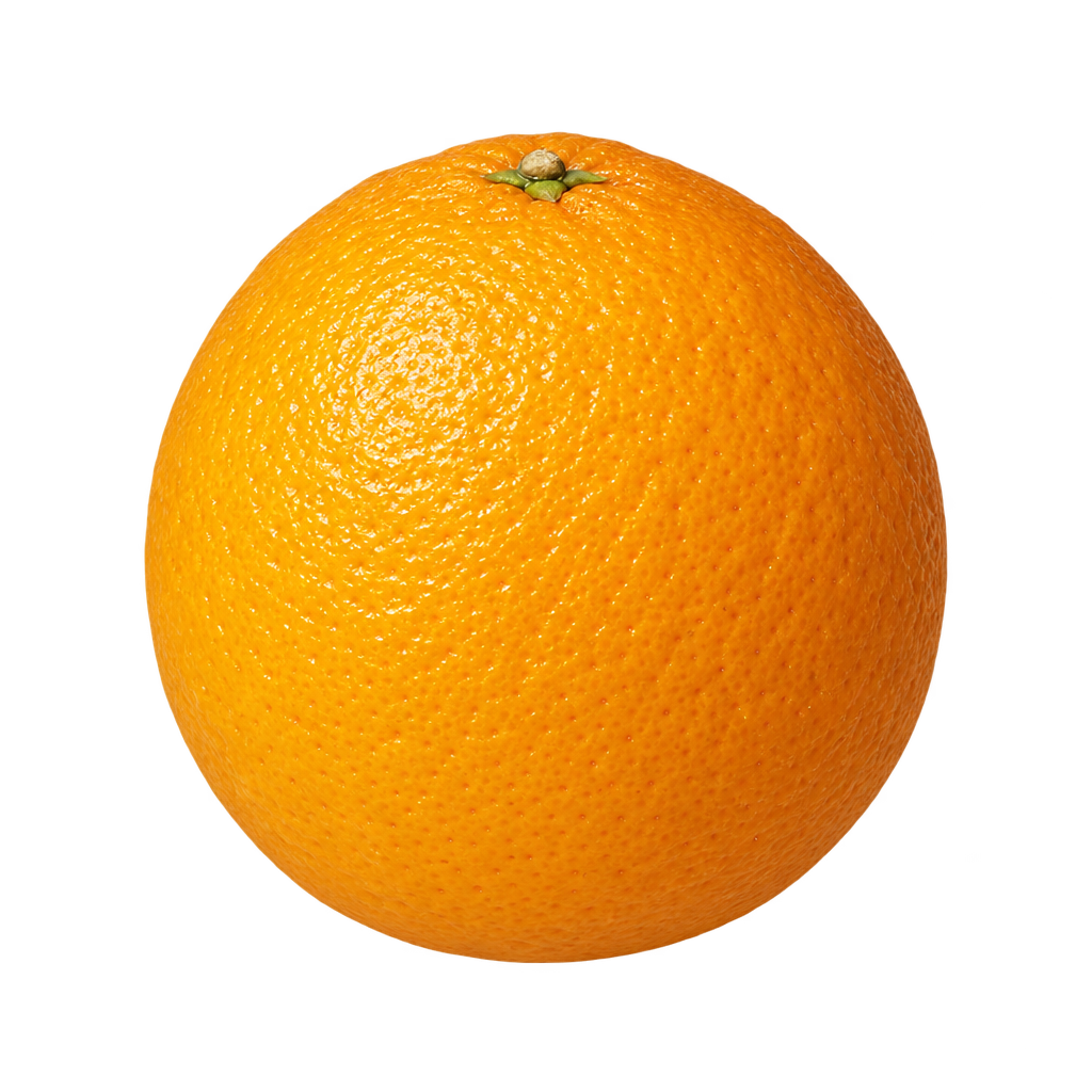 Approximate generated depiction of a Frost Valencia Orange slightly taller than wide, with finely pored golden-orange rind and a centered upper calyx