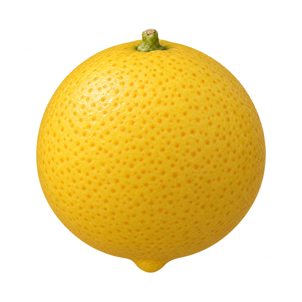 Generated depiction of a round golden-yellow Eremorange with a small nipple at the bottom pole