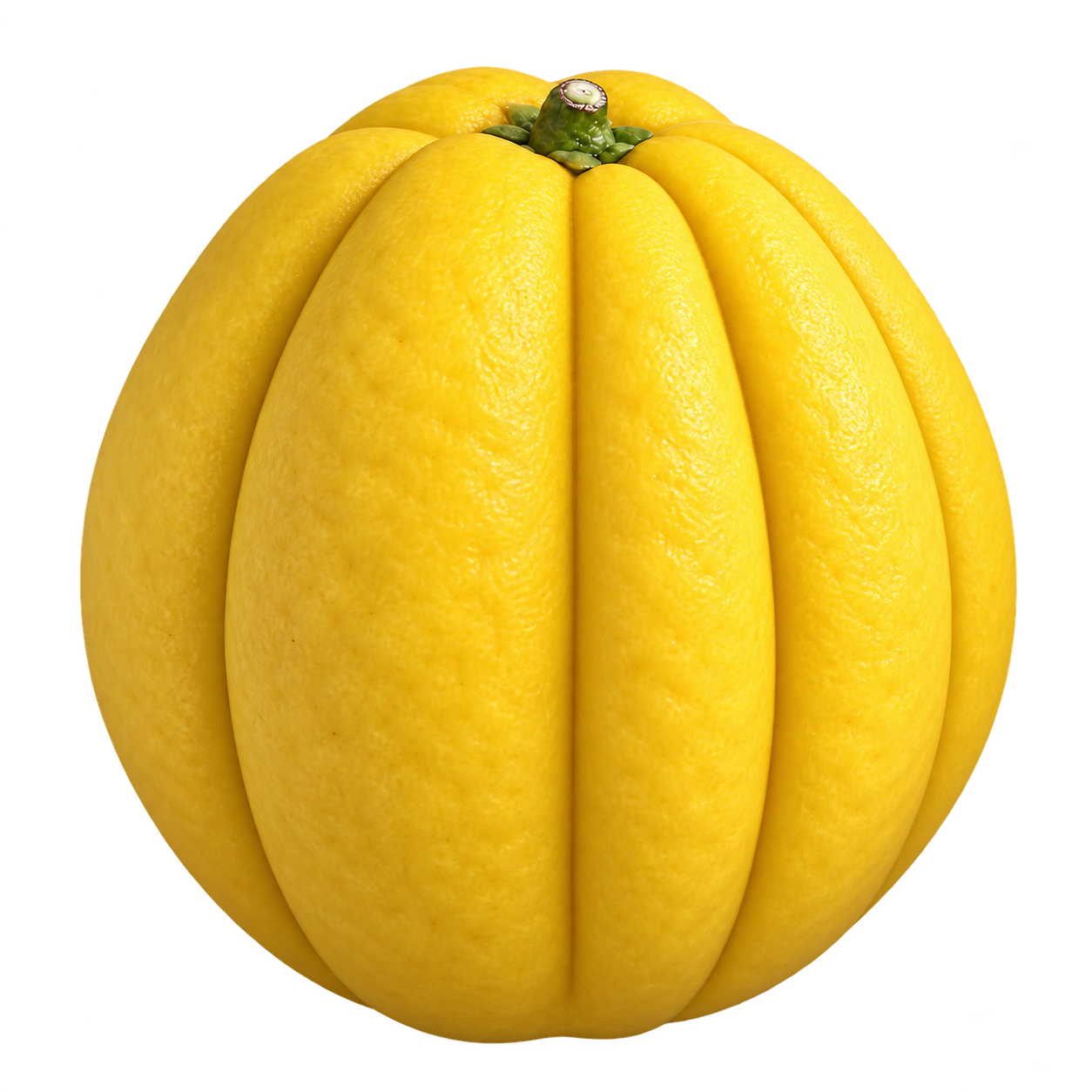 Generated depiction of a golden-yellow Citremon in low side view, with broad lengthwise ribs, deep irregular grooves and a small top calyx