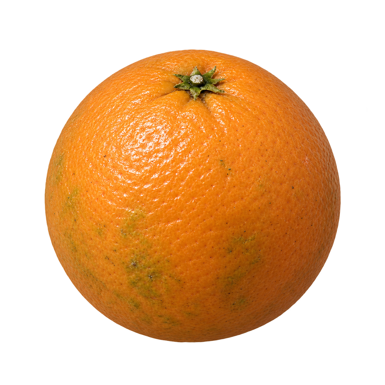 Generated depiction of a round US-1279 Citrandarin with lightly bumpy orange-gold rind, muted green patches and a small top calyx