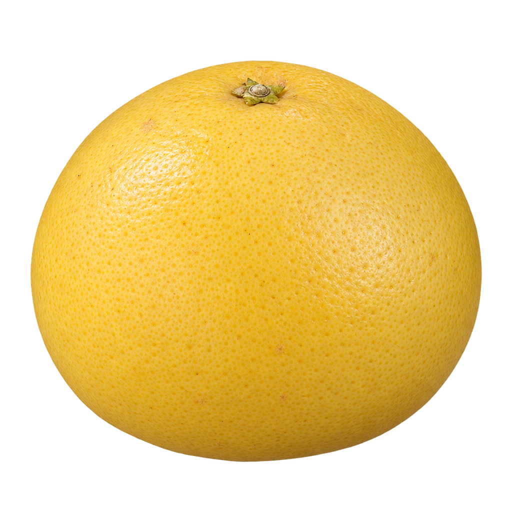 Generated approximation of a plump Foster Seedless Grapefruit with golden-yellow finely pored rind and a centered upper calyx