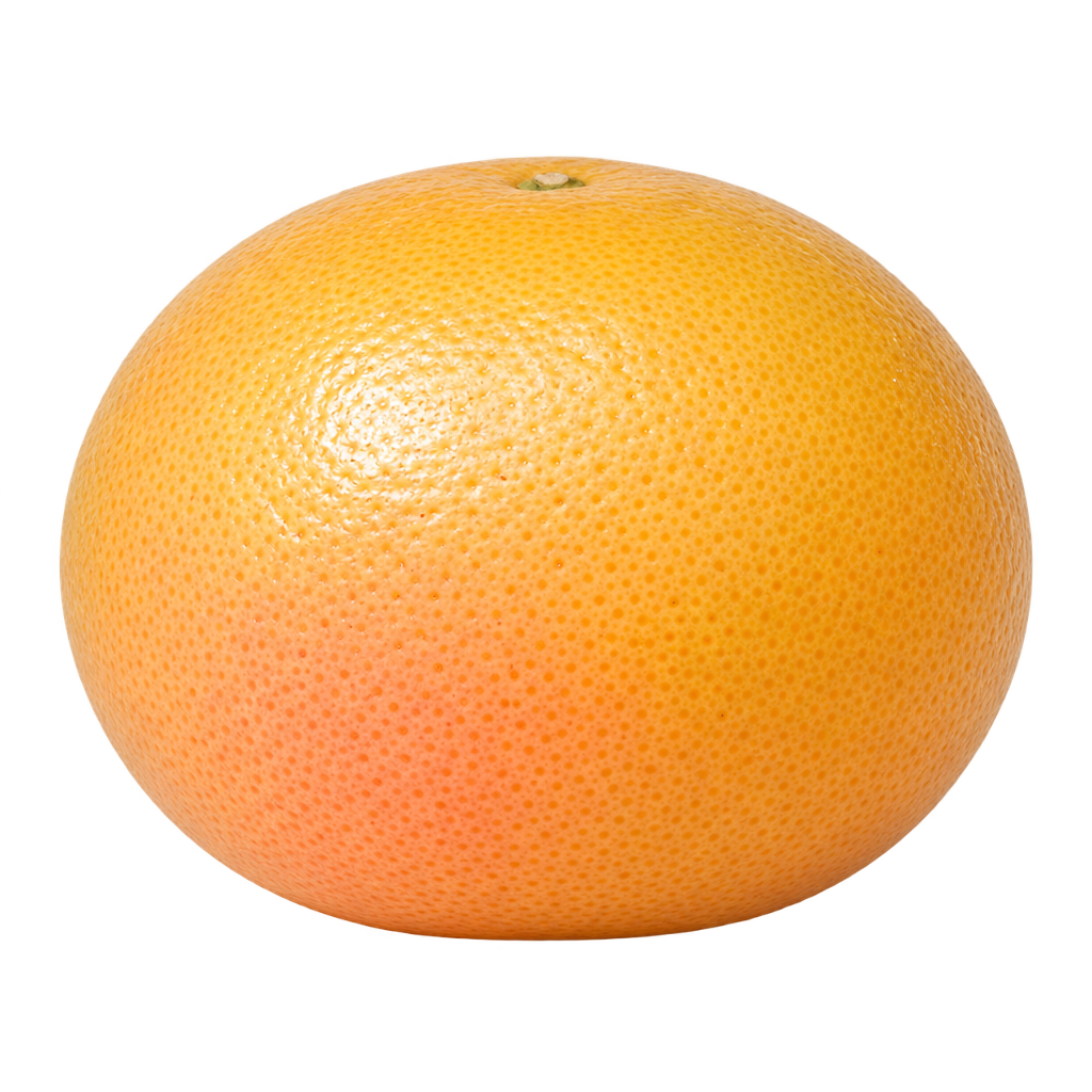 Generated depiction of a Rio Red Grapefruit, wider than tall, with golden yellow rind and a soft pink blush