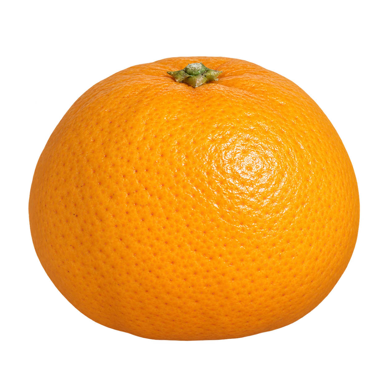 Generated depiction of a rounded Miho Wase Satsuma in side view, with golden-orange rind, subtle loose-skin contours and a small top calyx