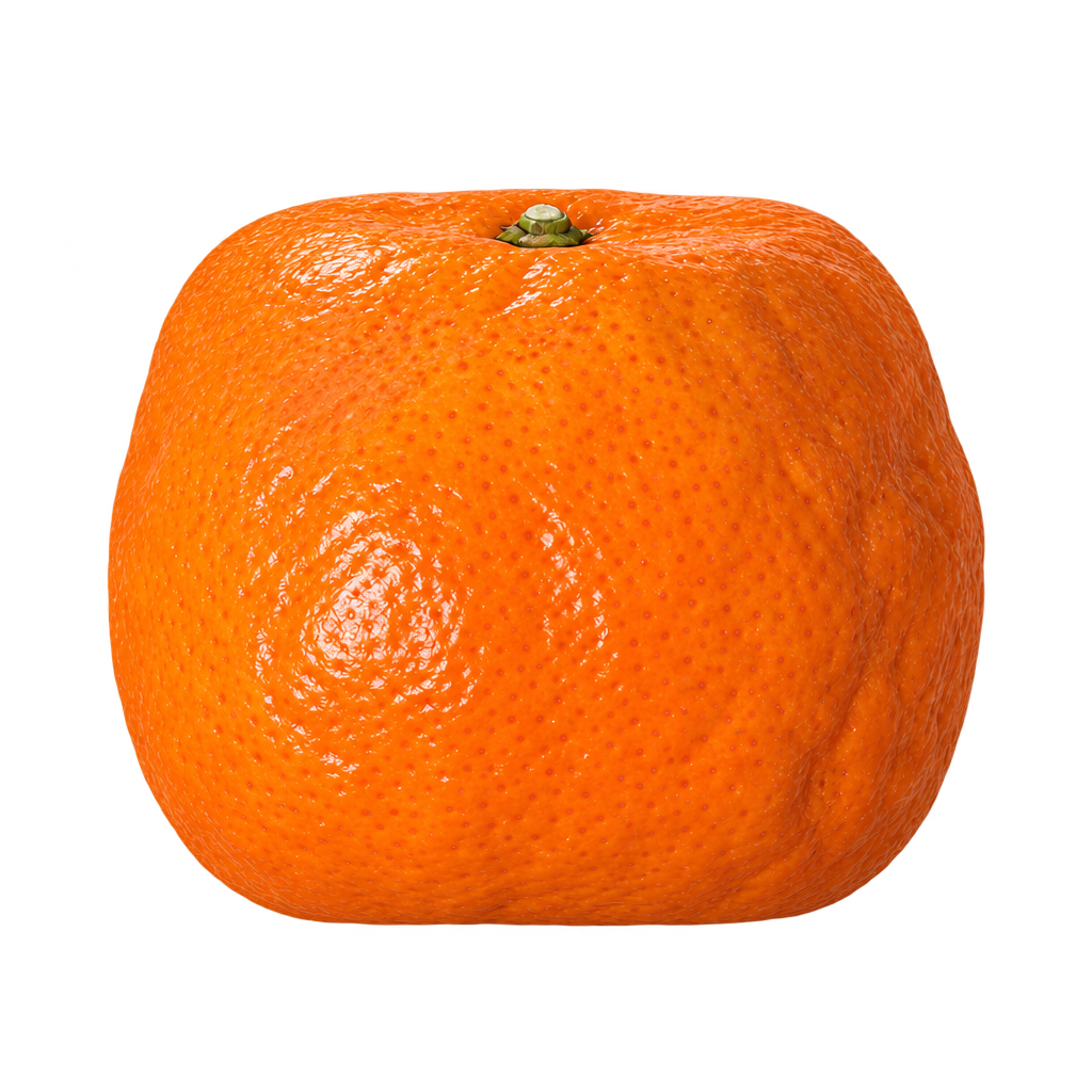 Generated depiction of a squarish Frua Mandarin with very flat top and bottom, rounded corners and finely pebbled orange rind