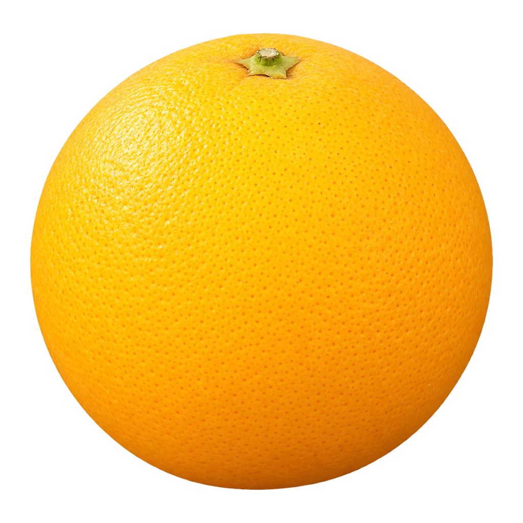 Generated depiction of a round Marrâ€™s Early Sweet Orange from a low side view, with finely pitted golden-orange rind and a small top calyx