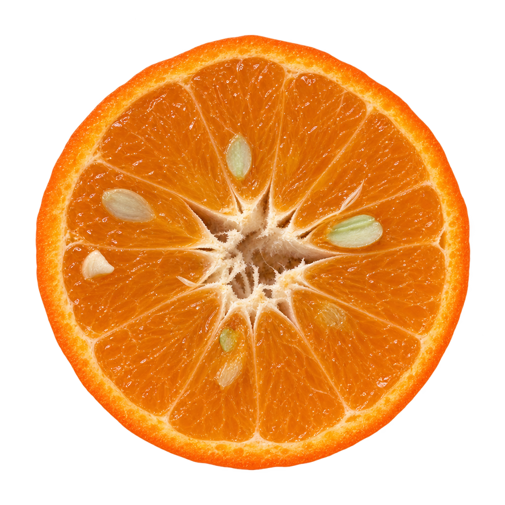 Generated depiction of a Changsha mandarin cross section viewed head-on, with orange flesh, narrow cream pith, an irregular central opening and several ivory seeds