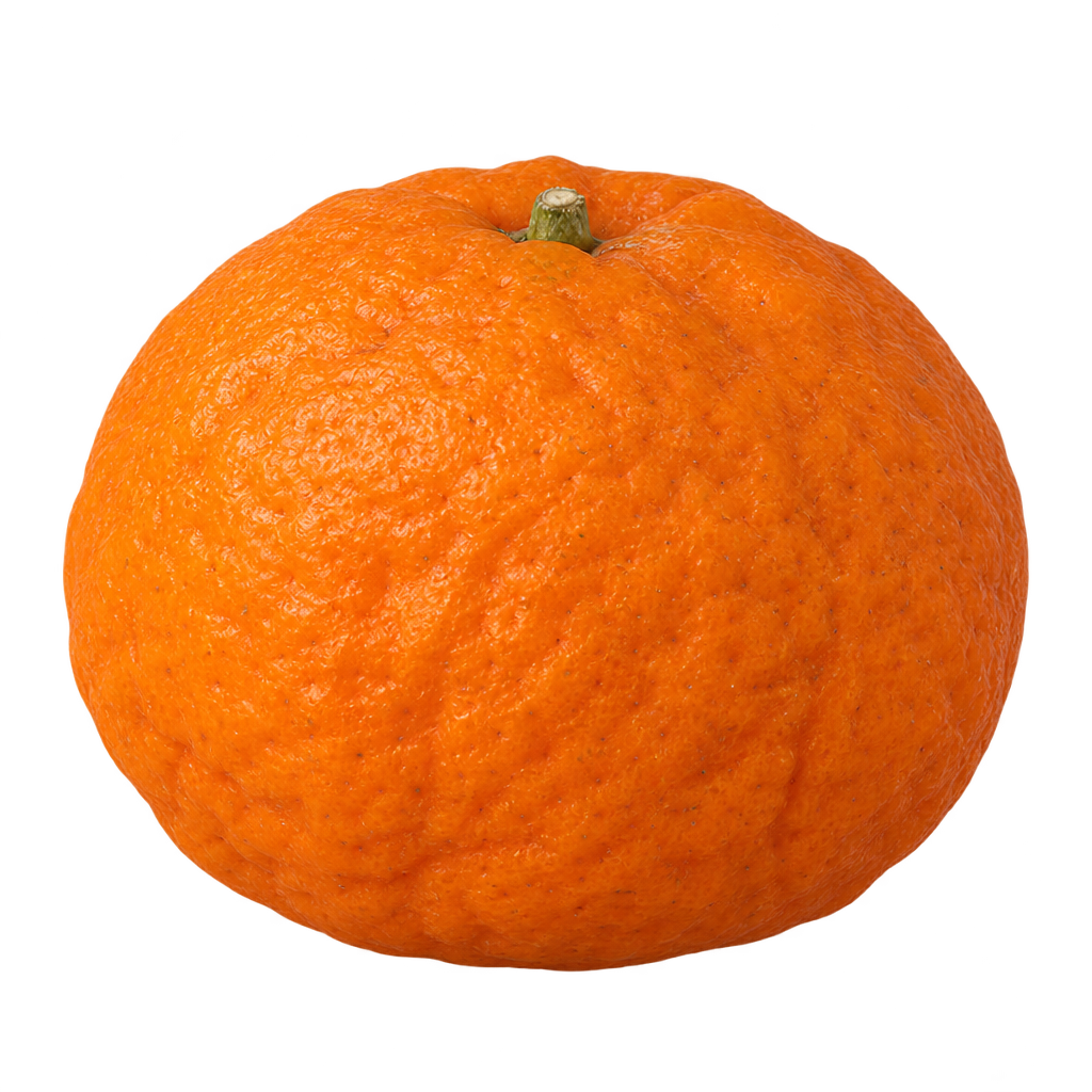 Generated depiction of a plump, mildly flattened Changsha mandarin with very rough orange rind and a centered recessed stem
