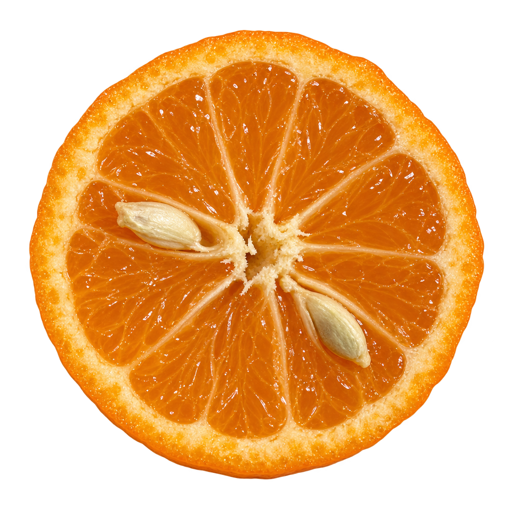 Generated depiction of a Clemenules cross section viewed head-on, with amber-orange flesh, narrow cream pith and two visible ivory seeds