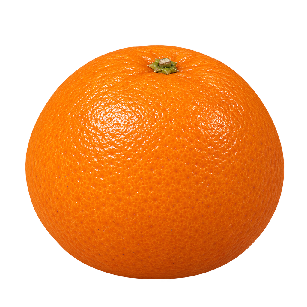 Generated depiction of a full rounded Clemenules mandarin with mildly flattened poles, fine-pored orange rind and a shallow stem depression
