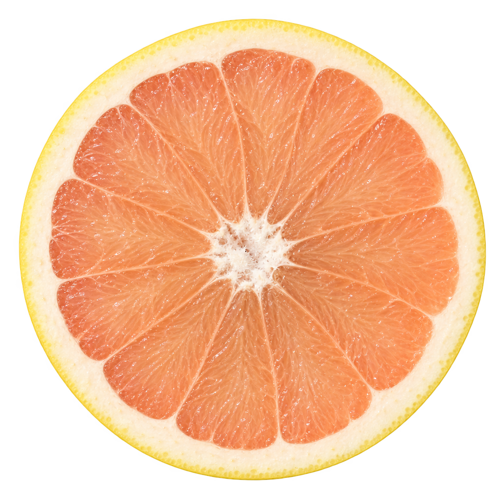 Generated depiction of a Croxton Grapefruit cross section viewed head-on, with salmon-pink flesh, cream pith and a small fibrous center