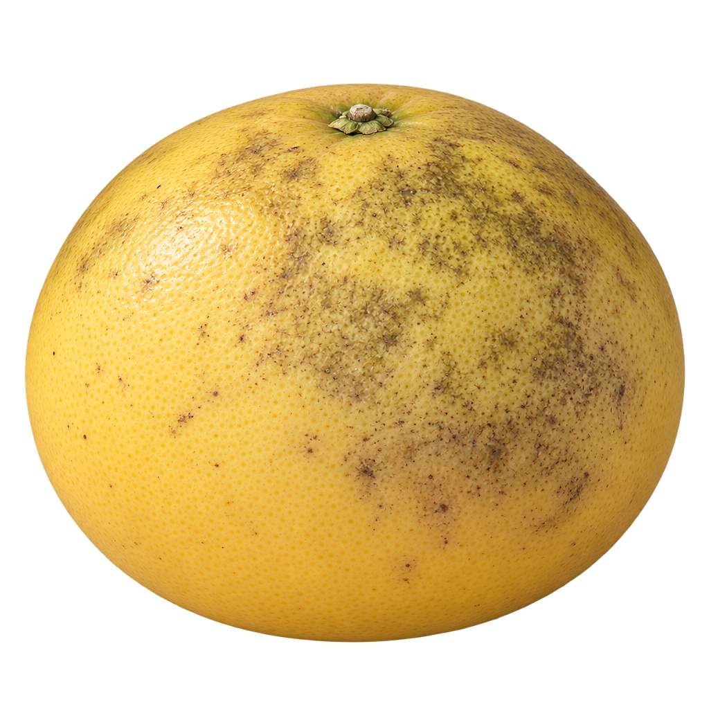 Generated depiction of a broad, slightly flattened Croxton Grapefruit with yellow rind, natural brown mottling and a shallow top stem depression