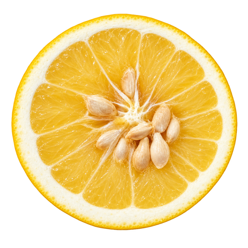 Generated depiction of a Dunstan Citrumelo cross section viewed head-on, with golden-yellow flesh, attached cream pith and several plump ivory seeds near the center