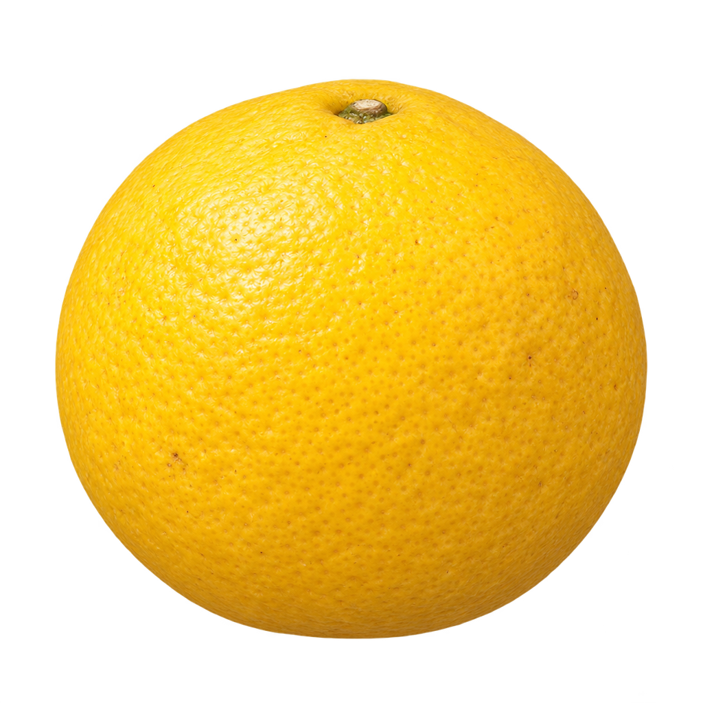 Generated depiction of a nearly spherical Dunstan Citrumelo with pebbled yellow rind and a small recessed stem attachment at the top