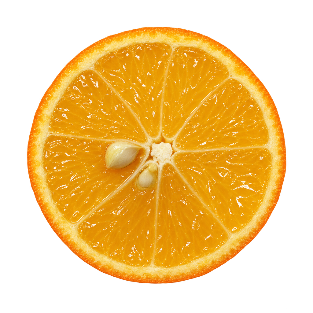 Generated depiction of a Glen Citrangedin cross section viewed head-on, with golden yellow-orange flesh, a narrow pale pith ring and two ivory seeds near the center