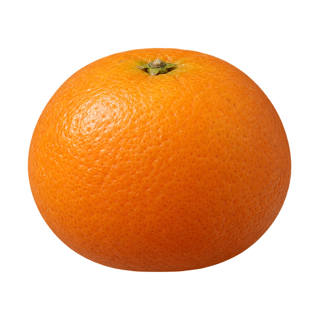 Generated depiction of a round, slightly flattened Glen Citrangedin with finely textured orange rind and a small recessed top calyx