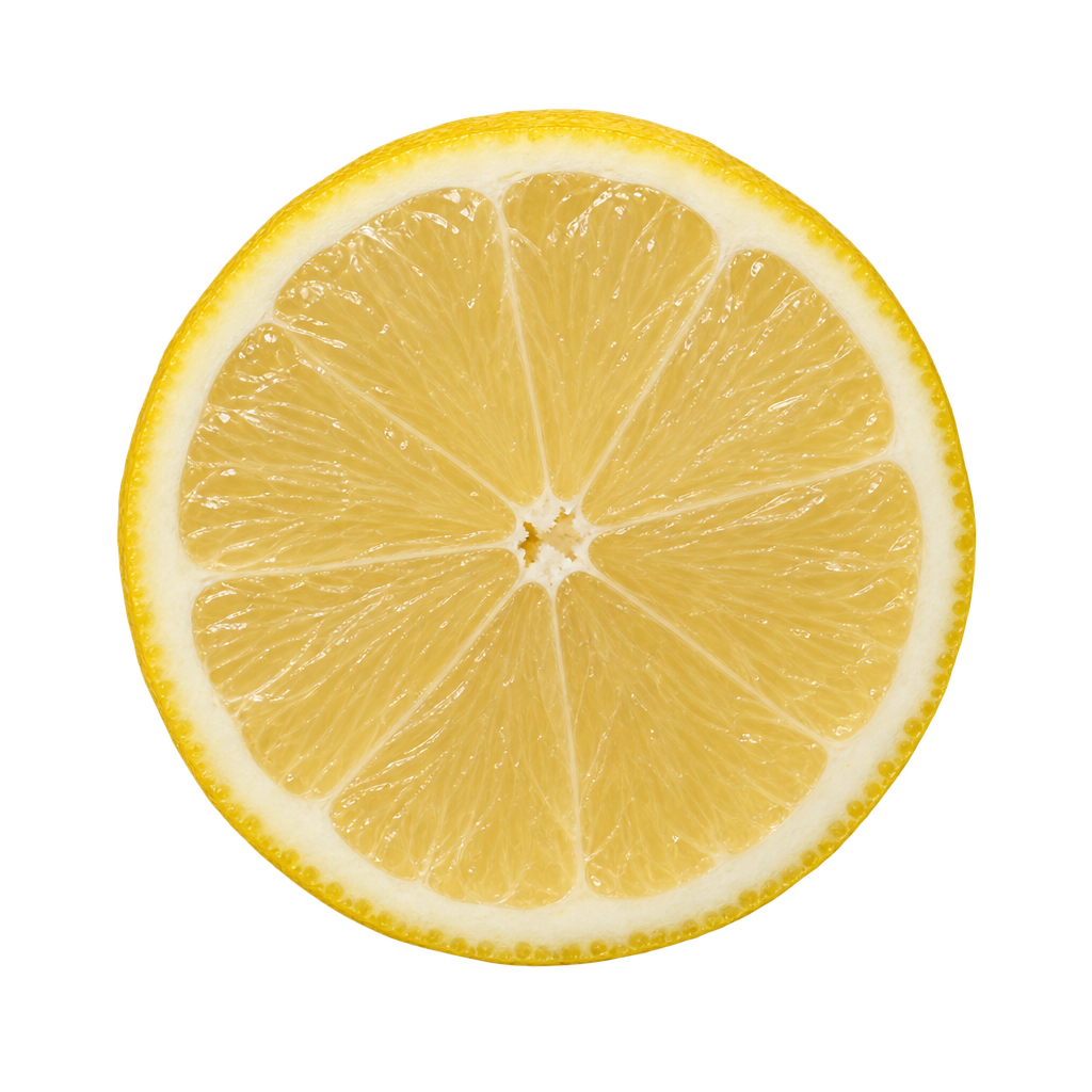 Generated depiction of a Harvey Lemon cross section viewed head-on, with pale straw-yellow flesh, creamy attached pith and no conspicuous seeds on the cut face