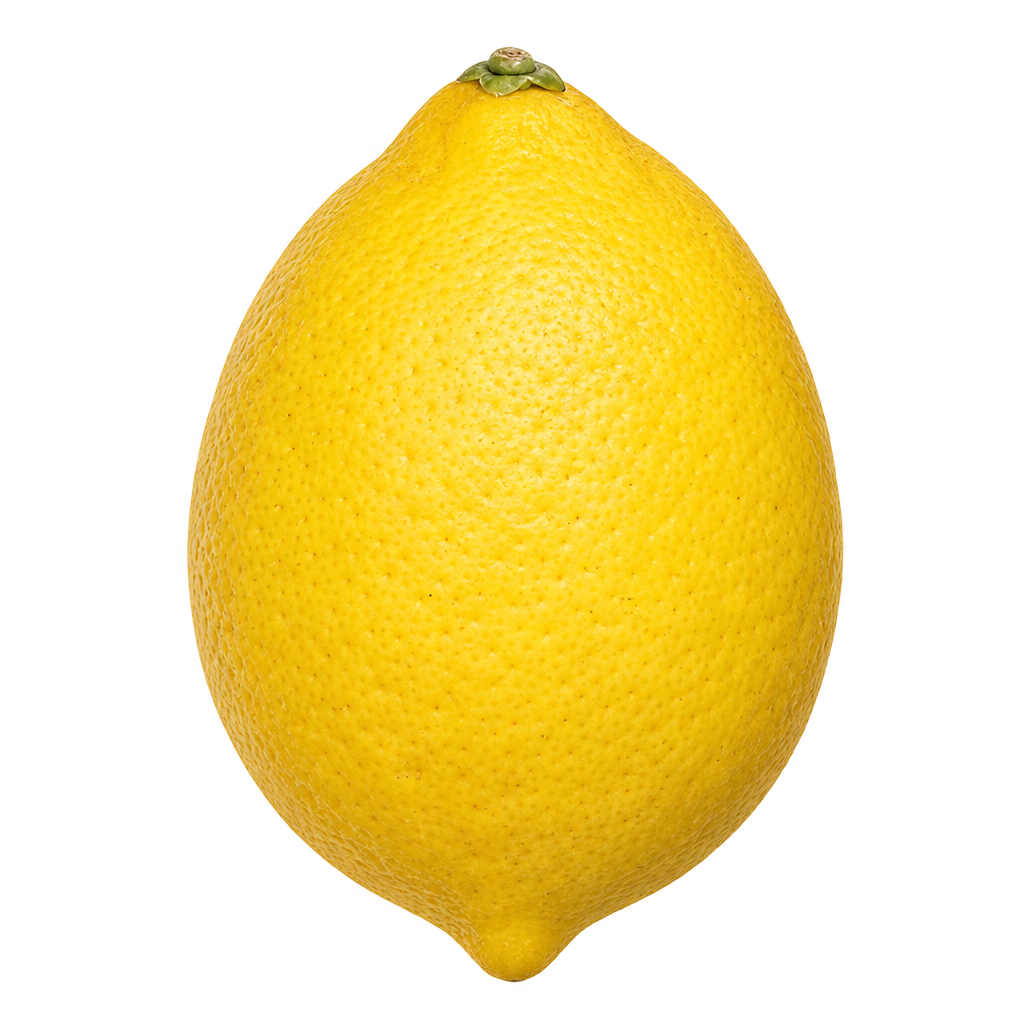 Generated depiction of an oval Harvey Lemon with finely textured yellow rind, tapered ends and a small blossom tip opposite the top calyx
