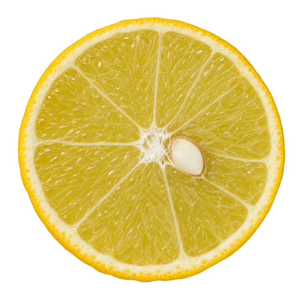 Generated depiction of an Ichangquat 6-7-2 cross section viewed head-on, with pale yellow flesh, thin cream pith and a prominent ivory seed